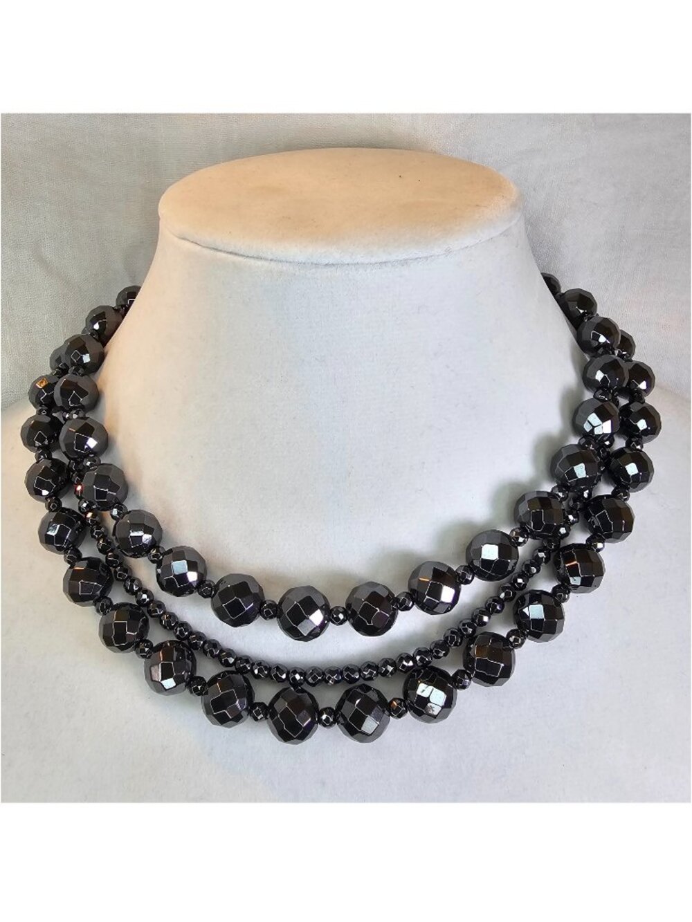 Faceted Black Hematite Sterling Silver Multi Strand Chocker Necklace, 17”